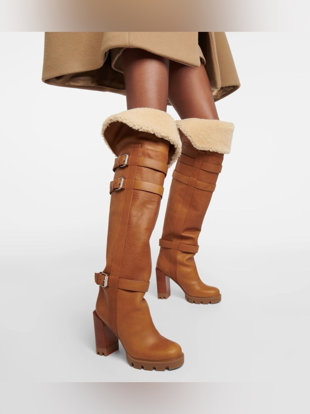 Christian Louboutin Brodeback Lug Botta Alta Shearling Over The Knee  BrownBoots